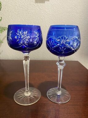 Vintage, Set of 2, Cobalt Blue Cut to Clear Crystal Wine Glasses